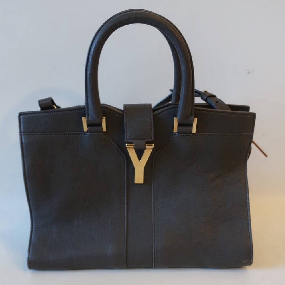 Yves St Laurent Cabas Charcoal Gray and Gold Classic Y Leather Handbag Purse